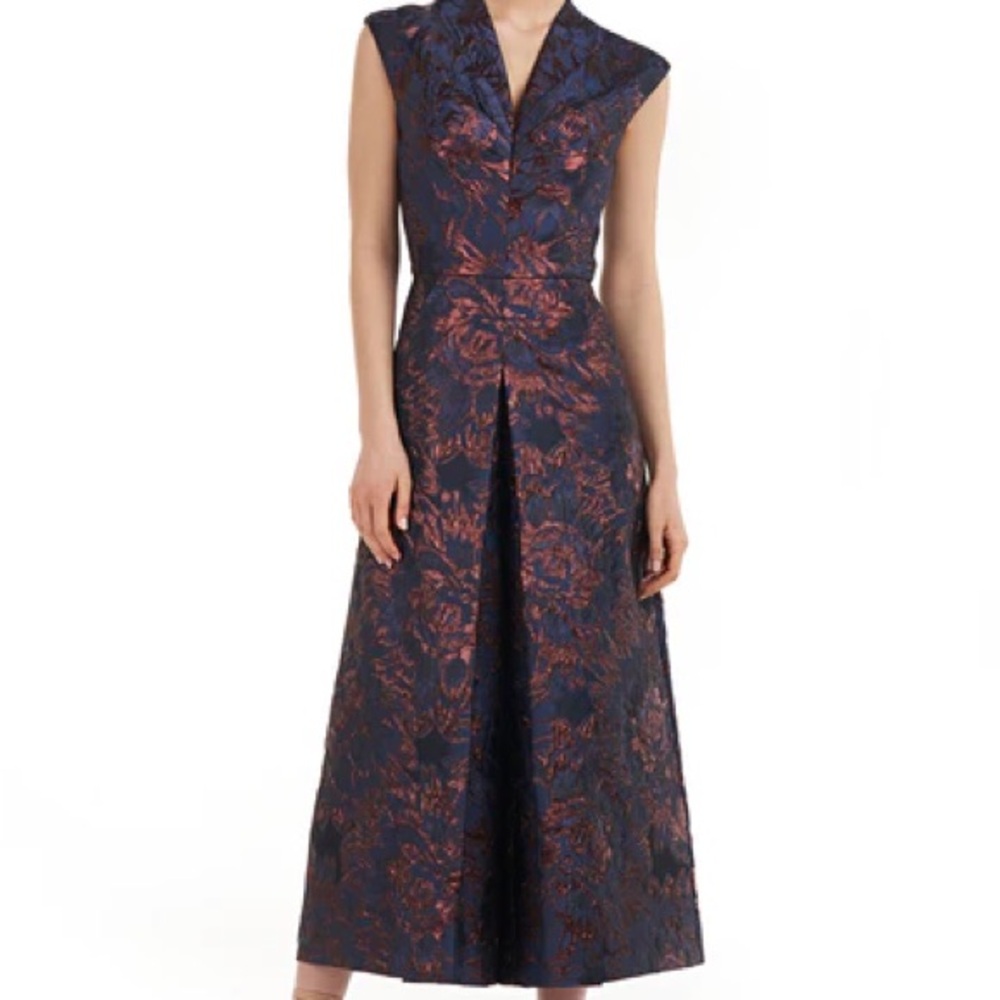 Elegant Floral Jacquard Evening Dress - Navy and Copper